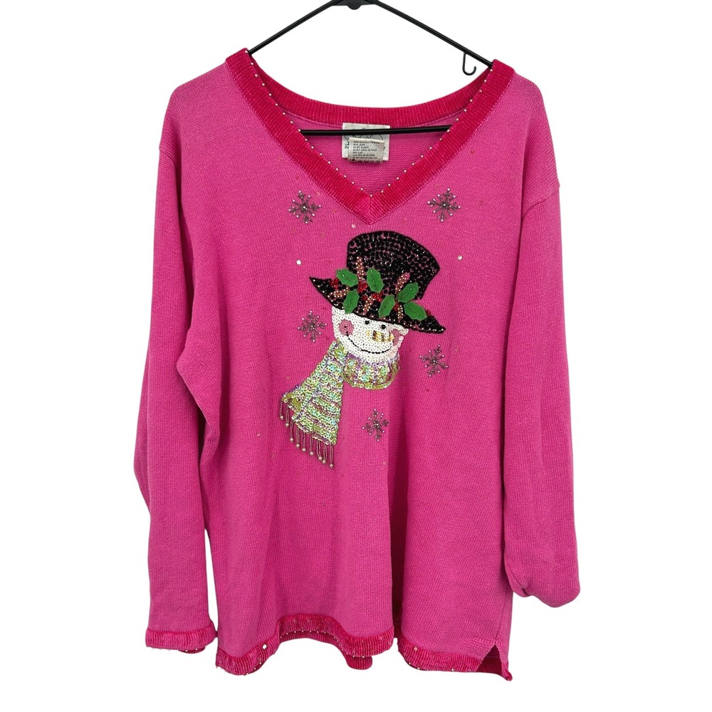 Ugly Christmas Sweater XL Pink Snowman Sequin Beaded Holiday Festive‎ Kitschy